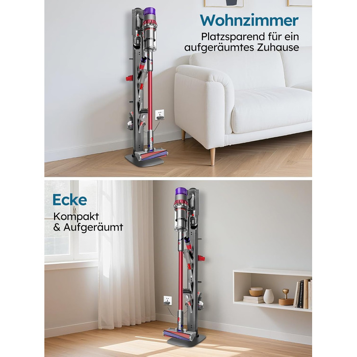 Підставка для пилососів Dyson G5, V15, V12, V11, V10, V8, V7, V6, металева з 4 гачками та 4 полицями, без свердління, стійка, підлогова, приховане кріплення кабелю, темно-сірий