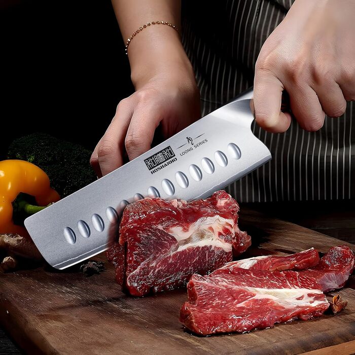 HOSHANHO 8-Piece Knife Set with Wooden Block - Professional Stainless Steel Kitchen Knife Set - Chef's Knife Set for Kitchen (18cm Nakiri Knife, Silver)