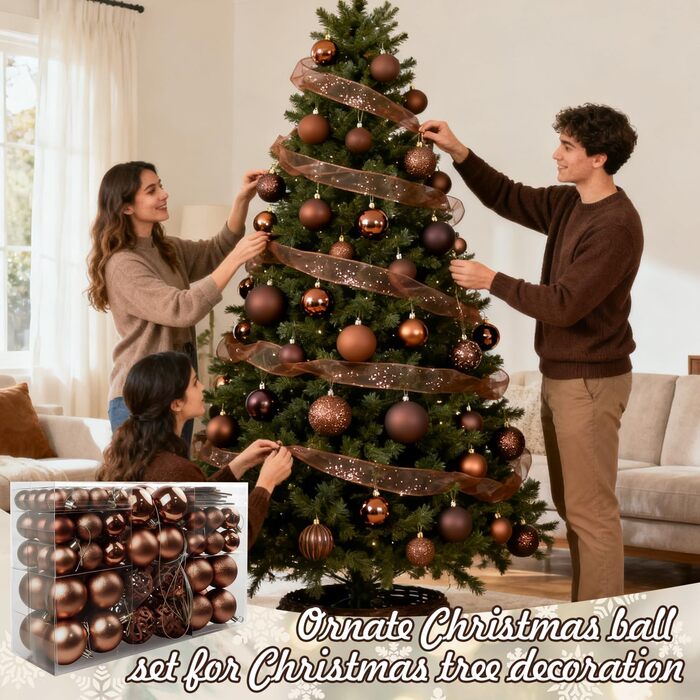 Набір прикрас на ялинку 101 шт. Пластикові кулі Рожеве золото Матові, Блискучі, з Гліттером, Ялинкові стрічки, Декор для дому та свят