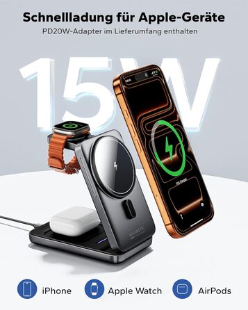 KPON Станція зарядки MagSafe для Apple Watch та iPhone, 3 в 1. Швидка зарядка для iPhone 12-17, Apple Watch 11-2, AirPods. Підходить для подорожей та офісу. В комплекті адаптер 20W.