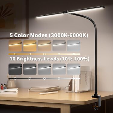 LED настільна лампа Rigors 60см з регулюванням яскравості, 900LM, захист очей, 5 кольорів, 10 рівнів яскравості, гнушкий 360° «лебединий» шийка, для офісу та дому