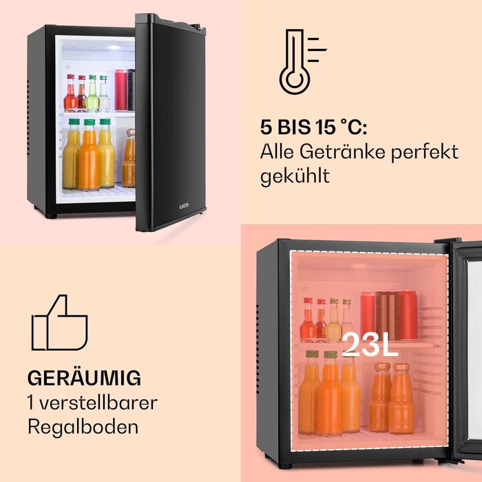 Klarstein Mini холодильник для кімнати, 23L, для напоїв та косметики, міні-бар, тихий, регульована полиця, компактний холодильник для догляду за шкірою 5-15°C, чорний
