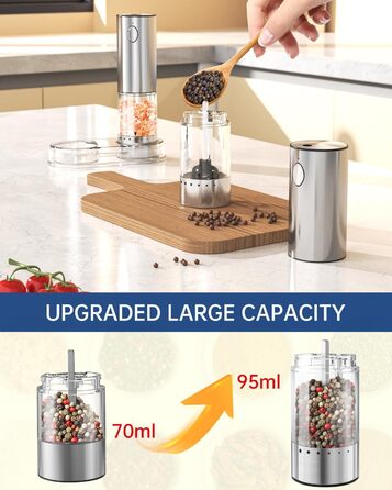 Електричні соляні та перечні млини CIRCLE JOY з нержавіючої сталі з підставкою, 95 мл, біле LED-підсвічування, регульована ступінь помелу, срібний колір