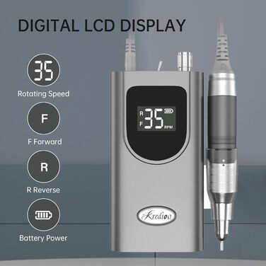 Електрична нігтьова фрезер Kredioo з LED-дисплеєм та 6 насадками для гель та акрил (35000 об/хв)