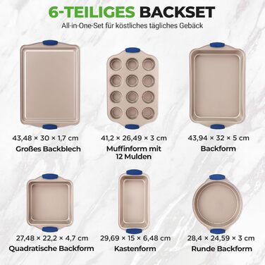 Набір форм для випічки NutriChef 6 шт. – дека для випічки, форма для мафінів, кексова форма з антипригарним покриттям, термостійка до 230°C, стіклива з силіконовими ручками з вуглецевої сталі – ідеально підходить для тортів, хліба та мафінів