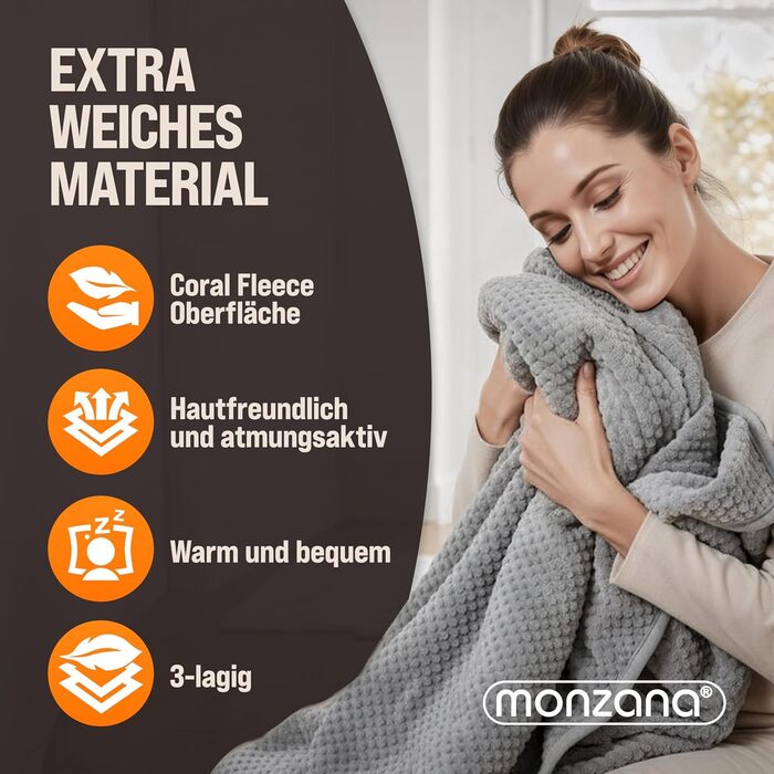 Електрична ковдра Monzana® 160x140 см з таймером, Coral Fleece, 2x60W, сіра, з захистом від перегріву, пральна, для дому