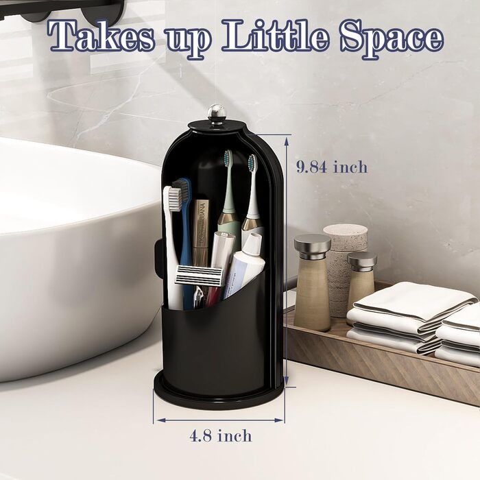 Dustproof Toothbrush Holder with Cover, Rotating Holder for Electric Toothbrush and Toothpaste for Bathroom Countertop, 3 Compartments, Makeup Brush Organizer, Completely Black