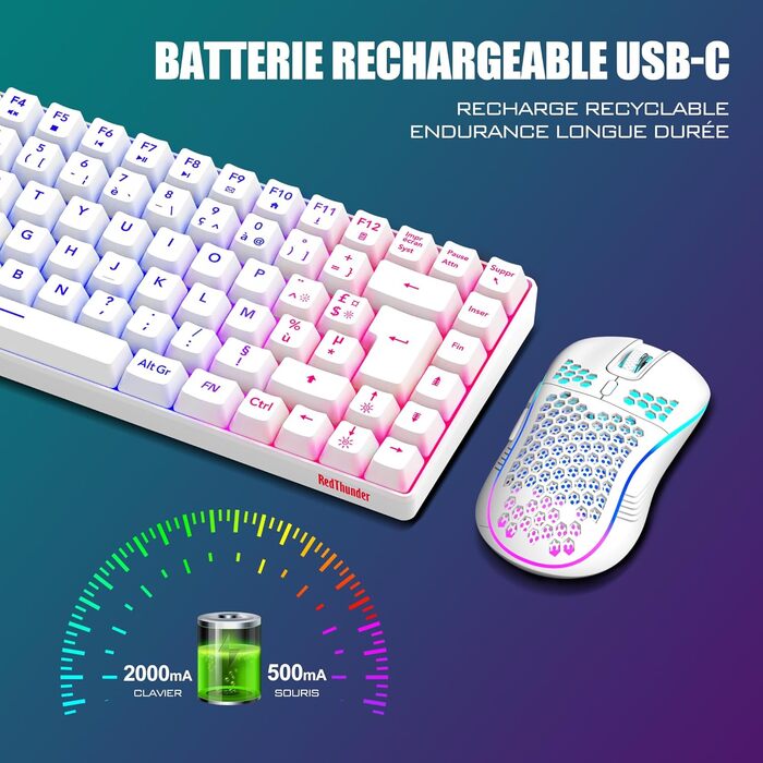 RedThunder K84 Combo: Бездротова клавіатура та миша USB, AZERTY (французька), 75% TKL, 3200 DPI (біла)