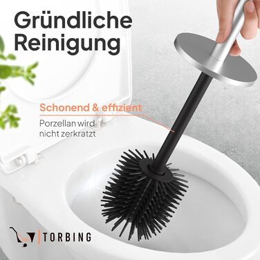 Тойлетний щітка TORBING Design з нержавіючої сталі з закритим тримачем - щітка для унітазу з силікону з ефектом лотоса - сучасний дизайн, елегантні кольори, подовжений ручка (Brushed Steel Silver)