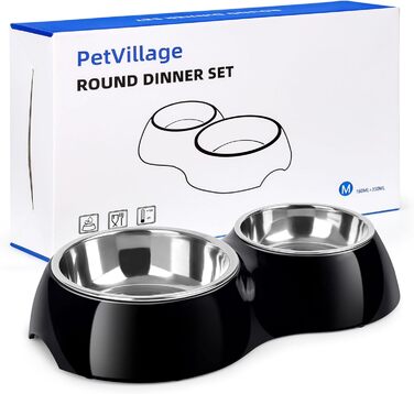 Набір мисок для собак Petvillage з нержавіючої сталі, 2 миски (113 г кожна) та стійка з міцного пластику, годівниця для цуценят, кошенят та собак середніх порід (Чорний)