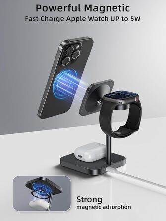 LULULOOK Qi2 Магсейф Зарядна Станція 3 в 1 з Алюмінію для Apple Watch та iPhone, 15W Швидка Зарядка (17 Pro Max/17 Pro/17 Air/17), 5W для Apple Watch Ultra, AirPods, Титан (Сірий)