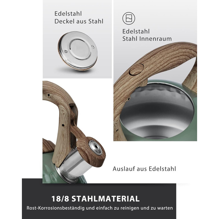 Чайник Poliviar Teekessel Diamant-Grün з нержавіючої сталі, стійкий до корозії та високих температур, підходить для всіх типів плит (JX2020-RH30-DE)