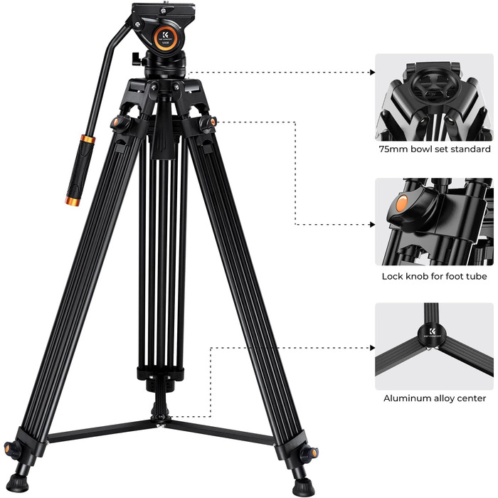 Штатив для камери K&F CONCEPT VA18+ VH081: професійний відеоштатив з поворотним кріпленням, 184 см, для DSLR та відеокамер