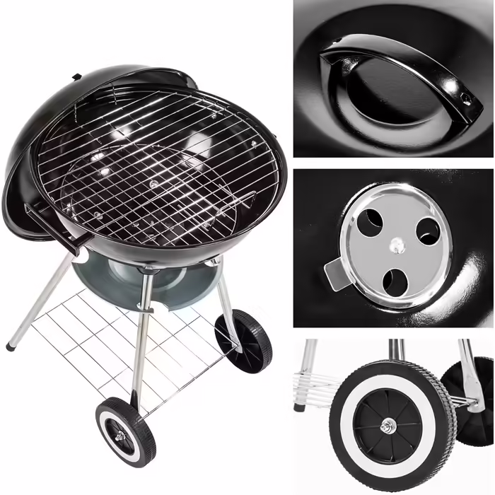 tectake 3in1 Barbecue Grill Cart Smoker, Smoker Grill with Thermometer, Adjustable Air Vent, Steaming, Charcoal Grill with Charcoal Tray and Ash Grid (BBQ Grill)