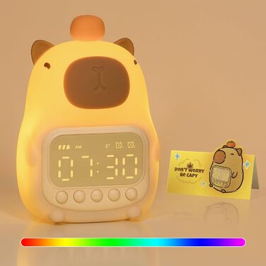 Capybara Alarm Clock with Night Light for Kids, 7 RGB Colors Cute Alarm Clock for Bedrooms, Ok to Wake Alarm Clock, Silicone Animal Table Lamp for Teenagers, Girls and Boys
