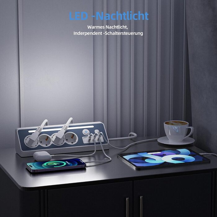 Мережевий фільтр з USB та Type-C, 4 розетки, 16A, 3680W, з вимикачами, захист від перенапруги, білий