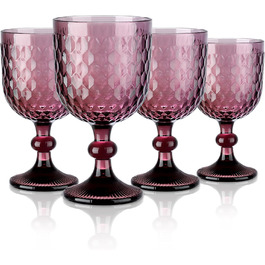 Joeyan 350ml Violet Vintage Wine Glasses with Diamond Embossed Design, Colorful Goblet Glasses Wine Goblet Set for Wine Juice Drinks, Set of 4 Retro Glasses with Stem, Dishwasher Safe