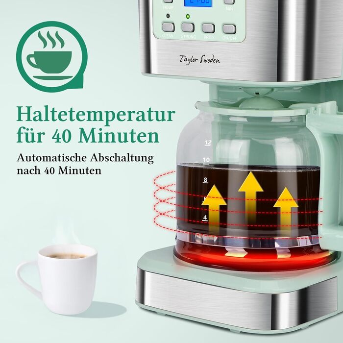 Кавомашина Taylor Swoden Darcy 950W з таймером, 1.5л, 12 чашок, автоматичне відключення, захист від протікання, багаторазовий фільтр, BPA-free, зелена