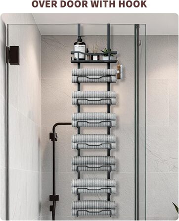 Настінний тримач для рушників у ванну кімнату, без свердління, 6-ярусна полиця для рушників над дверима, багаторівневий органайзер для рушників на двері, для складання (Чорний, 8 ярусів)