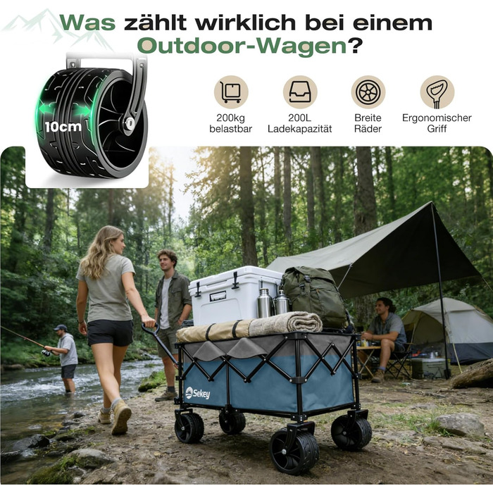 Універсальний складаний візок Sekey XXL Plus 200L/200кг з гальмами та широкими колесами для бездоріжжя (Синьо-сірий, 10 см колеса)
