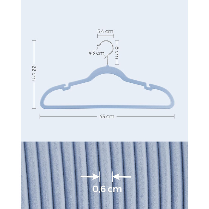Набір вішалок для одягу SONGMICS, 50 шт., з неслизьким покриттям, для штанів та одягу, обертовий гачок, 43 см, світло-блакитний, CRF029Q05