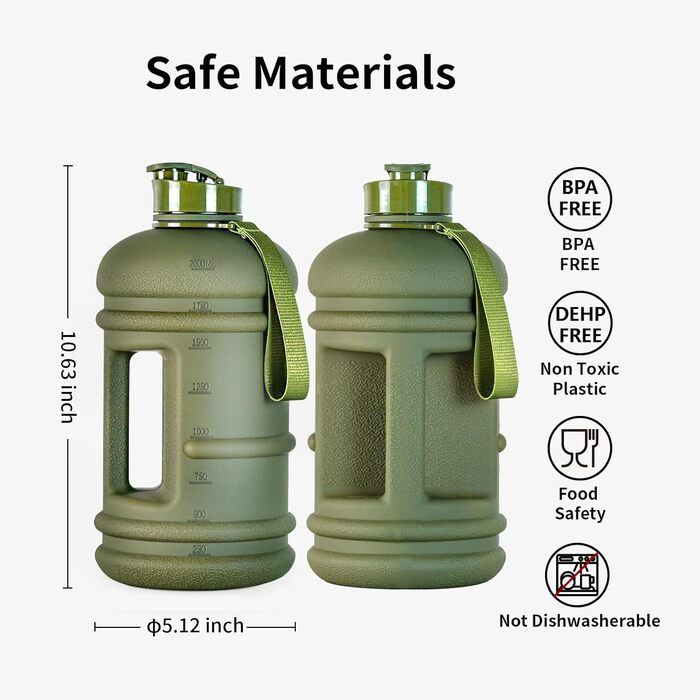 Спортивна пляшка для води TOOFEEL 2,2 л, BPA Free, багаторазова, з мірною шкалою, матова оливкова, для спортзалу