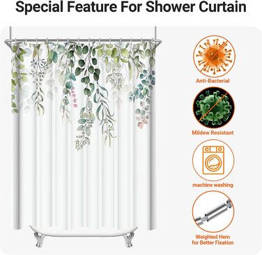 Штора для душу 200x200 см, зелені листки, антигрибкова, водовідштовхувальна, текстильна, поліестер, з кільцями (12 шт.) для ванної кімнати