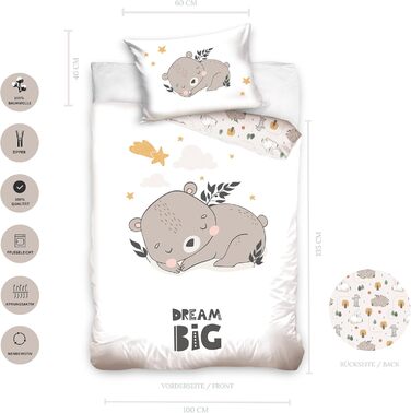 Комплект постільної білизни для ліжечка Kinderbettwäsche 100x135 з 100% бавовни - для дітей та малюків. Сонячний стиль бохо, підходить для дівчаток та хлопчиків (40x60 + 100x135, ведмедик)