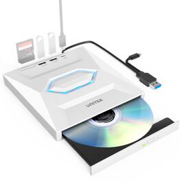 Зовнішній USB-C CD/DVD-привід UNITEK з картридером SD, USB 3.0 хабом та записом CD-ROM, білий — для ноутбуків, ПК (Windows, Linux, macOS)