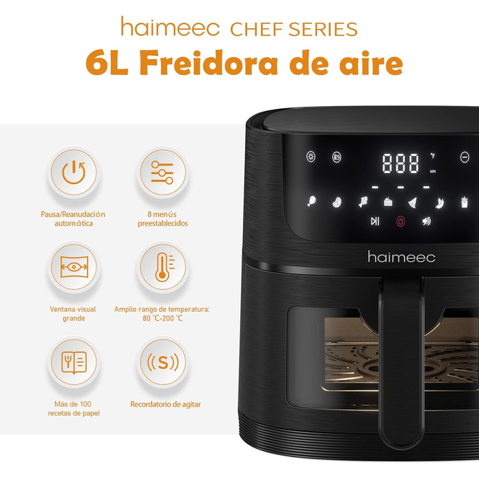 HAIMEEC 6L Air Fryer with Viewing Window - 8-in-1 Oil-Free Fryer, Shake Reminder, Non-Stick Coating, 30-200°C, 78 Recipes, Quiet Operation