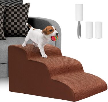 Dog stairs for small dogs, 3 steps pet stairs, cat stairs, sponge dog ramp for sofa bed, dog steps with removable cover, washable pet ladder, includes lint roller (Brown)