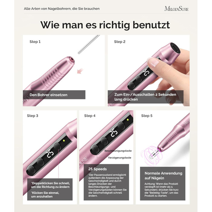 Електричний фрезер для нігтів MelodySusie PC180G Rose: професійний набір для манікюру та педикюру з LED-дисплеєм та 25 швидкостями