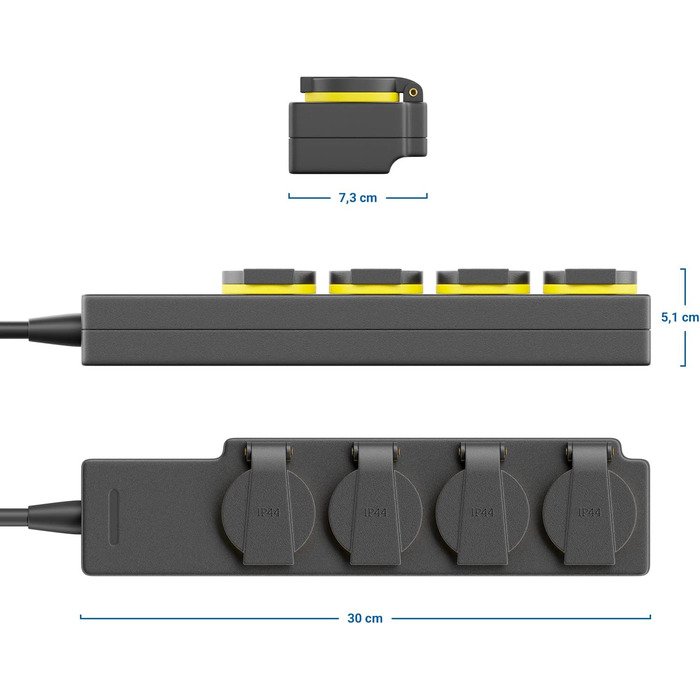 deleyCON Розподільник розеток на 4 розетки для вулиці з 5м кабелем, IP44, вологозахищений, для саду, тераси, балкону, гаража
