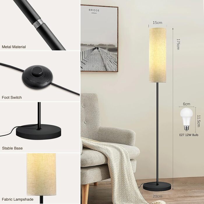 LED торшер для вітальні Hzitcigm: сучасний дизайн, 3 колірні температури, 12W, E27, з абажуром з льону, регулювання за допомогою вимикача, 175 см