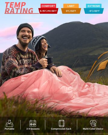Сплячий мішок Outdoor Sportneer для 2 осіб: двомісний спальний мішок для відпочинку на природі, 3 сезони, 220x150 см, 2.75 кг з 2 подушками, дорослий ковдровий спальник для сім'ї (без фланелевої підкладки) (Рожевий)