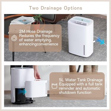 Електричний осушувач повітря 70л/день з авторежимом та шлангом для підключення. Ідеально для підвалів, ванних кімнат, спалень до 150㎡. Осушувач з цифровим дисплеєм, захистом від плісняви, 360° колесами, тихий 40dB, білий