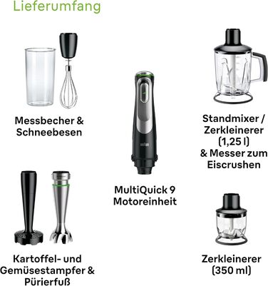 Braun MultiQuick 9 MQ 9147X – 5-in-1 immersion blender with stand mixer attachment, chopper, masher for potatoes & vegetables, and whisk, variable speed setting, 1200 W, Black/Stainless Steel. 5-in-1 including stand mixer attachment, single.