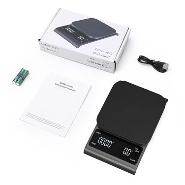 Ваги для кави Brifit з таймером, ваги для еспресо 3 кг/0.1 г, високоточні ваги, USB-зарядка, LED-дисплей, функція тарування, автовимкнення (Gunmetallgrau)