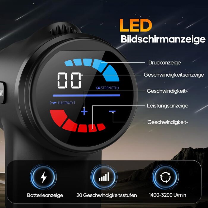 Масажер для м'язів AERLANG з підігрівом та LED-дисплеєм, 20 режимів та 7 насадок