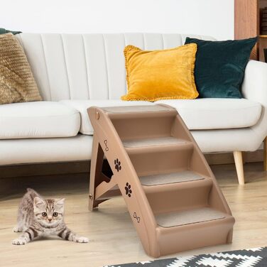 COSTWAY 4-Step Pet Staircase with Carpet, Dog Stairs Plastic Cat Stairs Folding, Portable Dog Ramp Pet Stairs for Dogs and Cats, Pet Ramp for Climbing and Scratching (Brown)