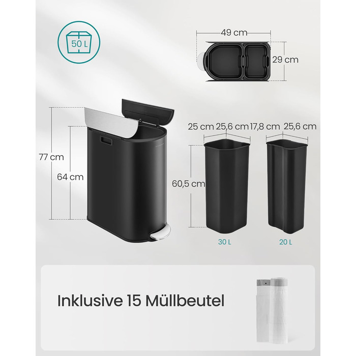 SONGMICS Відро для сміття кухонне, сортувальник 2 відділення, 30 л та 20 л, вузьке, з педаллю, для переробки та сміття, з двома кришками, білий + металік