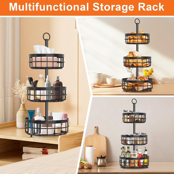 Металева фруктова етажерка Yiomxhi 3 ящики, чорна – для зберігання фруктів, овочів, хліба та закусок