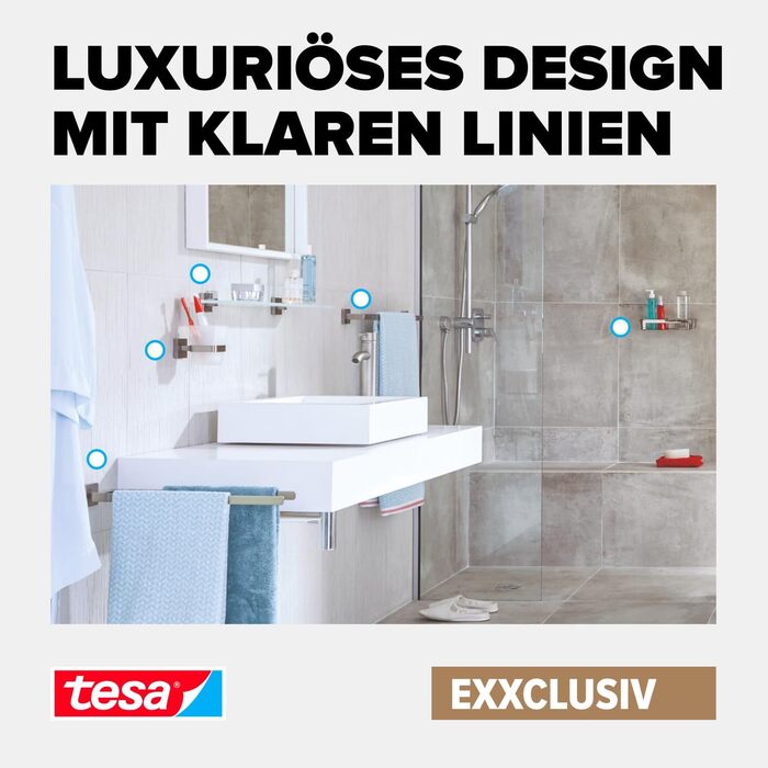 Тримач для туалетного паперу tesa EXXCLUSIV без кришки, хромований, для настінного монтажу без свердління (на клейокій основі), 160x99x45 мм