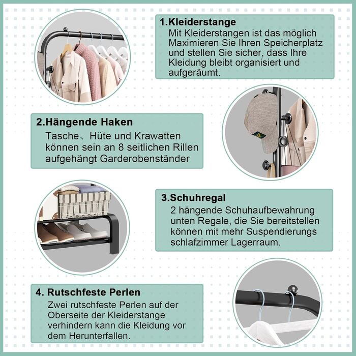 Clothes Rack, Coat Rack Stable Clothes Rail with 6 Hooks and 2 Shoe Shelf Storage Shelf, Bedroom Clothes Rack Freestanding Clothes Rail, Black