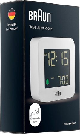 Braun Digital Travel Alarm Clock with Snooze Function, Compact Size, Negative LCD Display, Quick Set Function, Crescendo Alarm in White, Model BC08W.