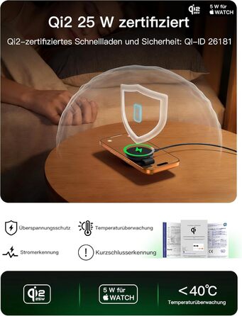 Бездротовий зарядний пристрій 2-в-1 Qi2 25W з MagSafe для iPhone 15/14/13/12, Apple Watch, AirPods + Блок живлення 30W (Чорний)