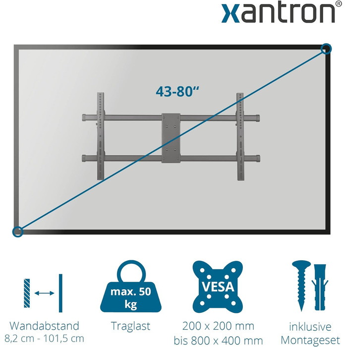 Кронштейн для телевізора Xantron STRONGLINE похилий 37-75 дюймів, VESA до 600x400, макс. 75 кг, плоский, мінімальна відстань від стіни + комплект монтажу (960XL)