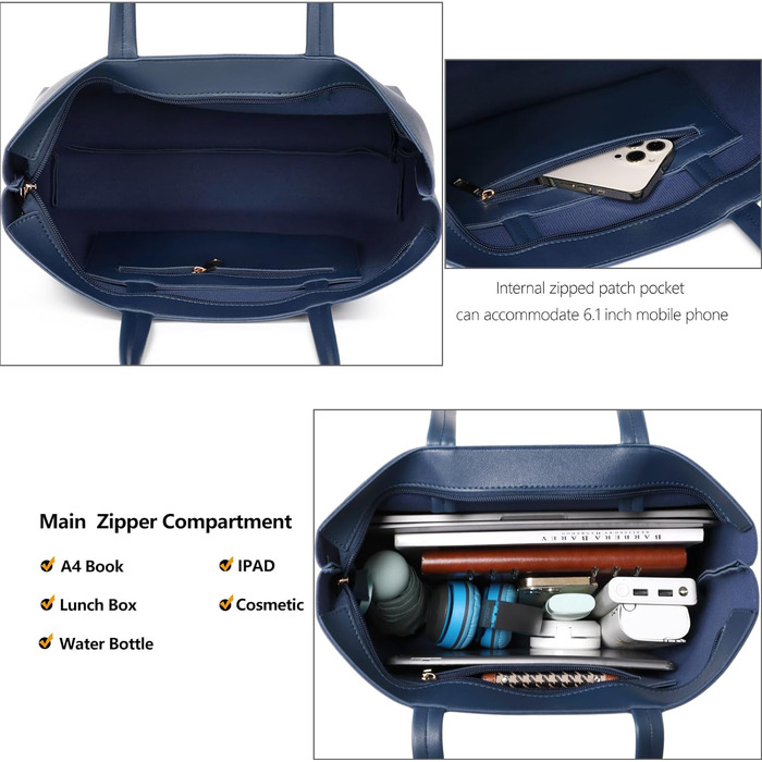 Жіноча сумка-шопер Tote Bag з PU шкіри для роботи, школи, покупок, темно-синя з блискавкою та внутрішніми кишенями