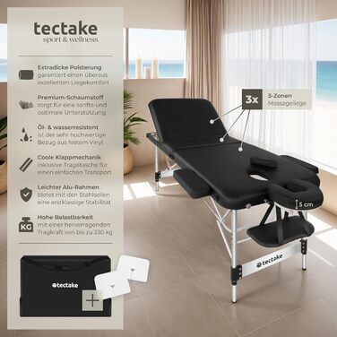 Масажний стіл Tectake® 3 зони, розкладний, з регулюванням висоти, з аксесуарами (ширина без підлокітників: 70 см, чорний)