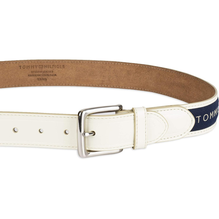 Чоловічий шкіряний ремінь Tommy Hilfiger з вставкою з тканини та класичною пряжкою (1 шт., 30 мм, кремовий з синьою вставкою)